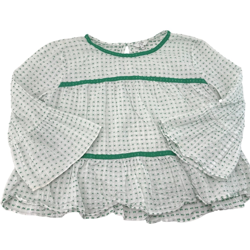 Crown & Ivy Womens L White Green Swiss Dot Tiered Babydoll Bell Sleeve Blouse